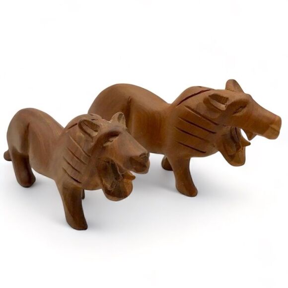 Vintage Hand Carved Hardwood  Decorative Lions Big Cats Pair (2) - Picture 1 of 16